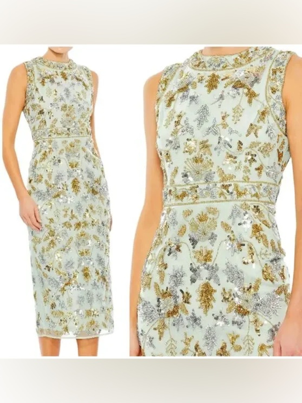 Mac Duggal Gold Silver Embellished Midi Dress